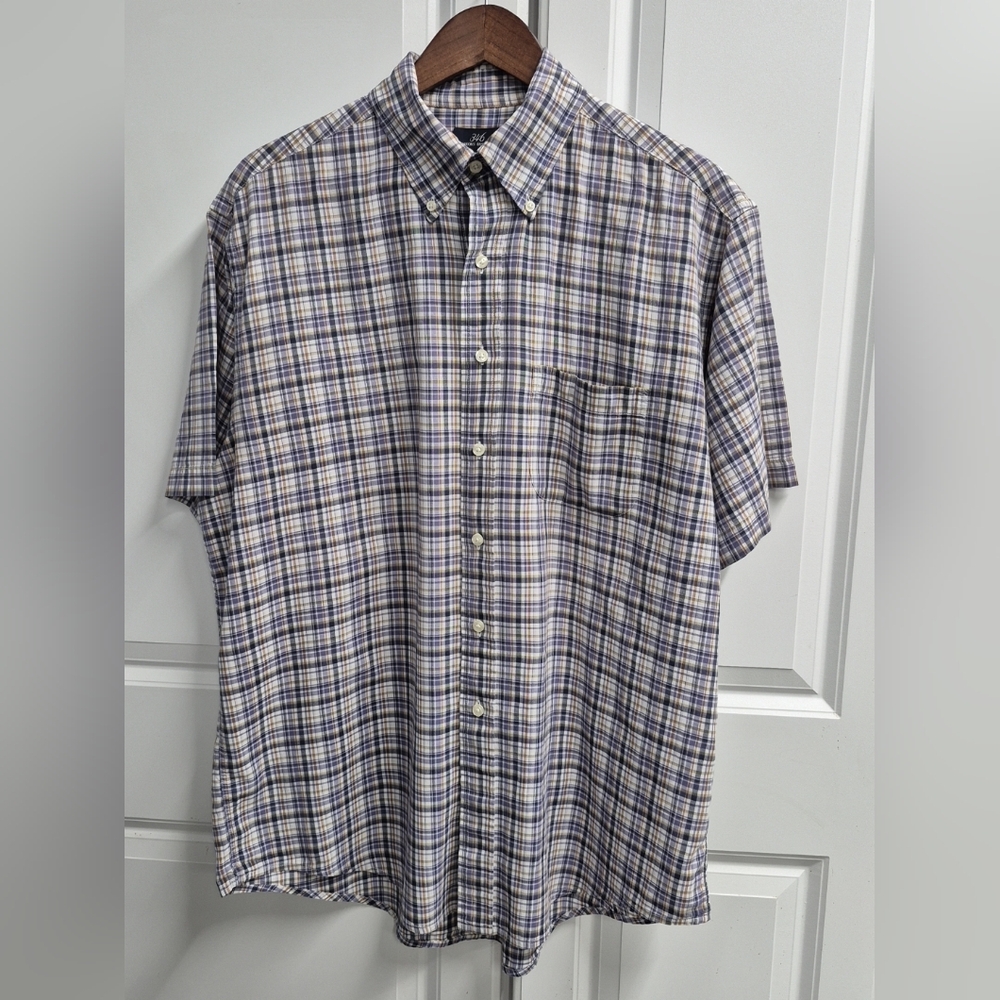 Brooks Brothers 346 Men's Short Sleeve Blue Plaid Button-down Shirt Size Large
